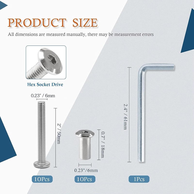 Jersvimc 10 Pair(20 Piece) M6x50mm Hex Drive Socket Cap Bolt with Allen Wrench, Silver Furniture Connector Bolts M6 Countersunk Screw Barrel Nuts Binding Screws for Crib Replacement Belt Cabinet - Image 3